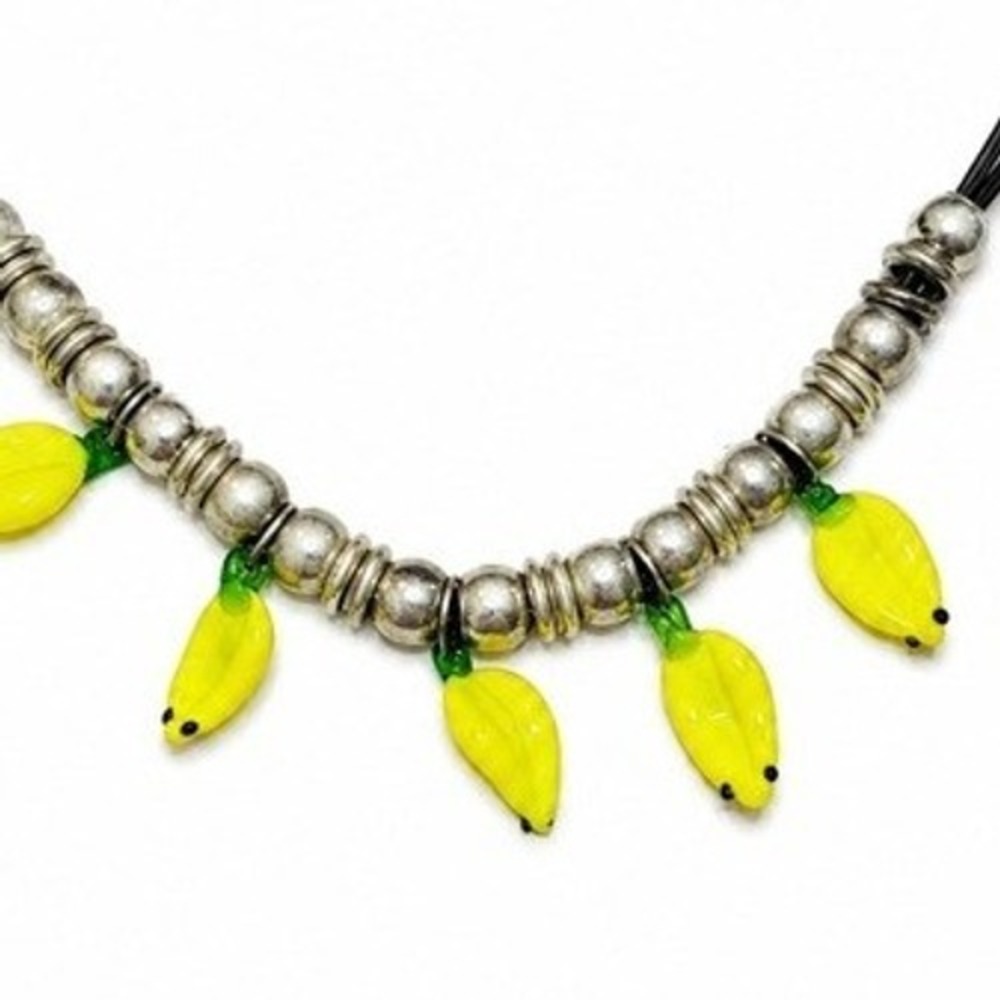 Artisan Lampwork Glass Banana Necklace Whimsical Fruit Charm Necklace SilverTone
